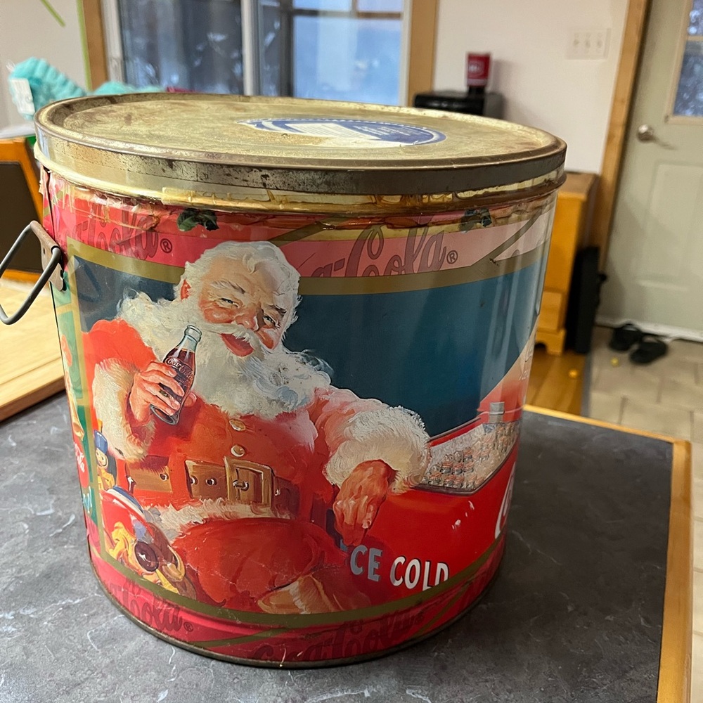 Vintage Holiday Santa Tin with Coca Cola Design